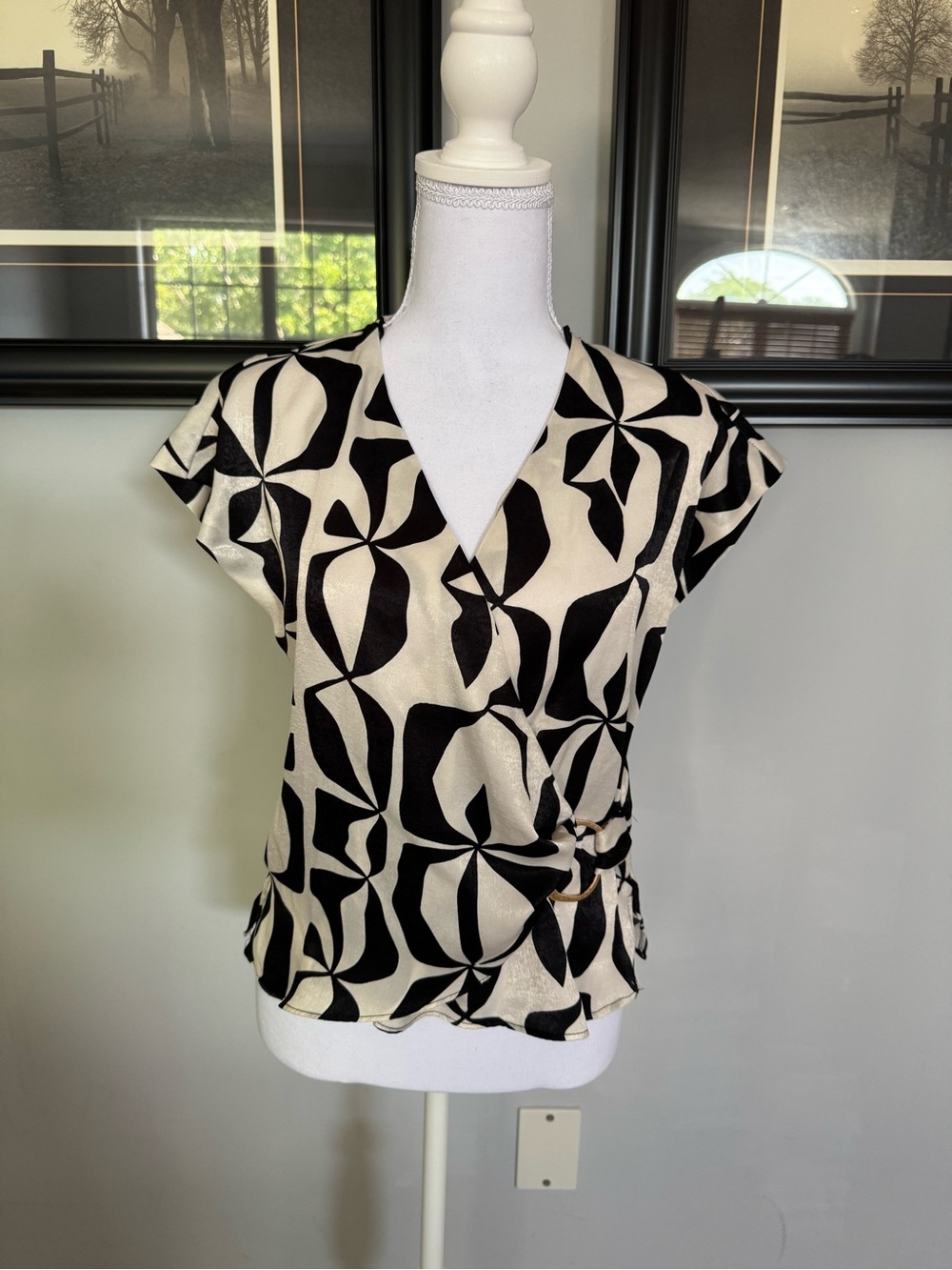 Zara -NWT Black and Cream Geometric Wrap-Style Blouse